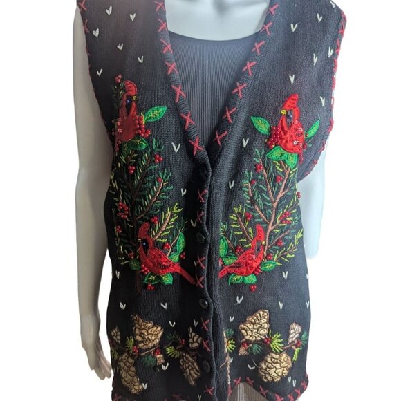 VTG Bobbie Brooks Winter Theme Sweater Vest Cardinals Embroidery & Beaded SZ XL - Picture 2 of 12